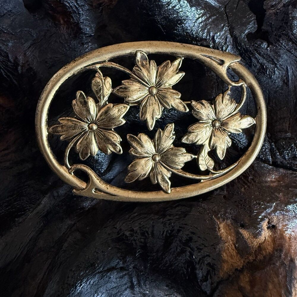Art Nouveau Style Floral Oval Brooch Pin Antiqued Gold Tone Finish Statement